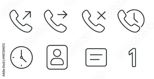 outline vector icons of phone communication: phone call, missed call, voicemail, message, contact book, video call, call log, SMS. No text. The icons should be clean. isolated transparent background.