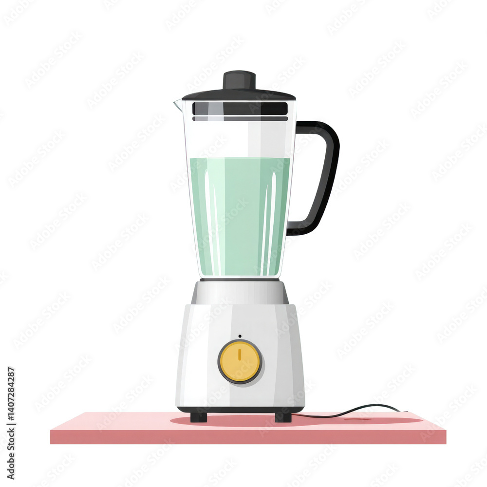 A modern blender sits on a countertop, featuring a clear jar filled with a green smoothie. The sleek design includes a distinctive control dial and a black handle, emphasizing its functionality
