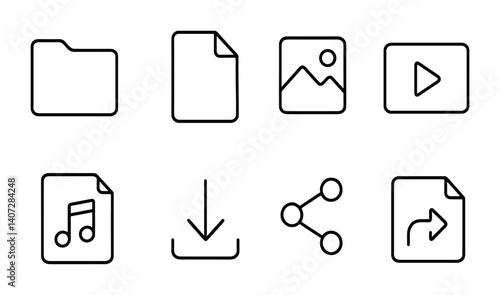 outline vector icons of parental control settings: time limit, blocked content, child profile, activity report, safe search, app control, PIN lock, bedtime mode. No text. The icons should be clean.