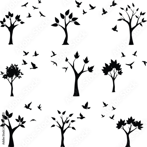 Nine Black Tree Silhouettes with Leaves and Flying Birds on a White Background