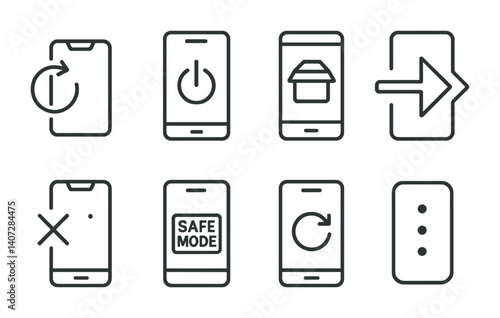 outline vector icons of phone reboot options: restart, power off, reboot to recovery, reboot to bootloader, shutdown, safe mode, reboot now, power menu. No text. The icons should be clean. isolated