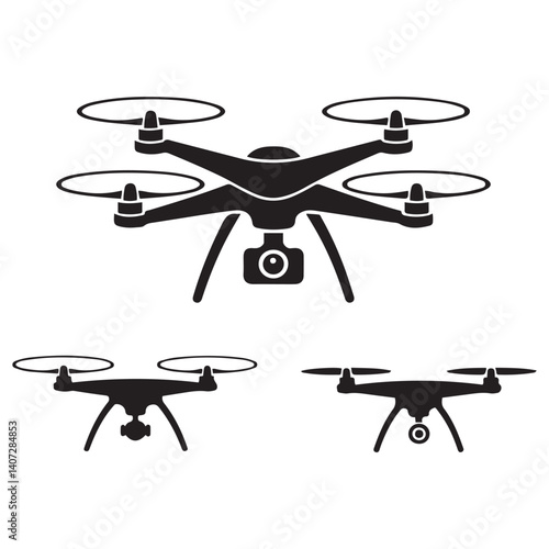 Vector Black silhouettes rc drone quadcopter with camera symbol. with white background