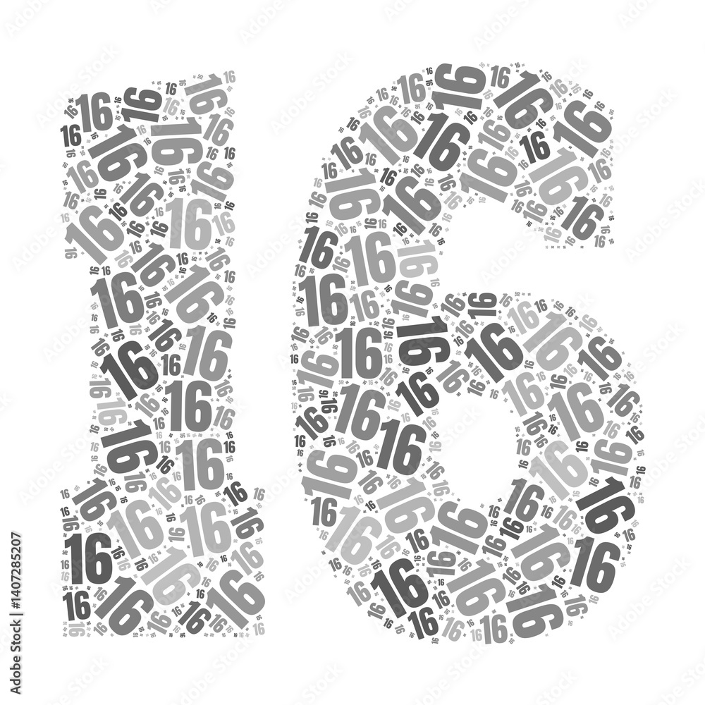 Obraz premium Grayscale word cloud forming the number 16, with repeated text in various sizes.