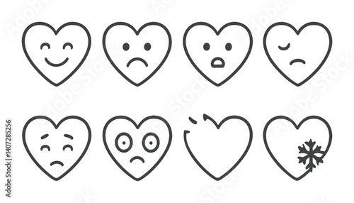 outline vector icons of emotional states: happy heart, sad heart, excited heart, lonely heart, shy heart, anxious heart, warm heart, cold heart. No text. The icons should be clean. isolated