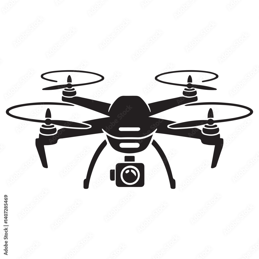 Vector Black silhouettes rc drone quadcopter with camera symbol. with white background Vector Black silhouettes rc drone quadcopter with camera symbol. with white background