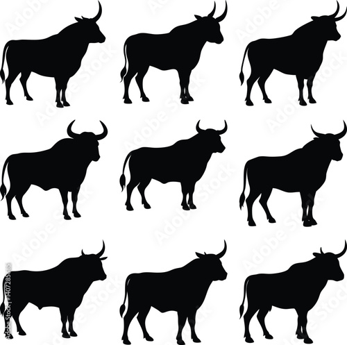 Nine bulls in silhouette on white background. Domestic animal. Bull Icon