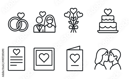 outline vector icons of wedding and relationships: wedding rings, bride and groom with heart, heart bouquet, wedding cake, love vows, heart photo frame, wedding invite, couple kiss. No text. The