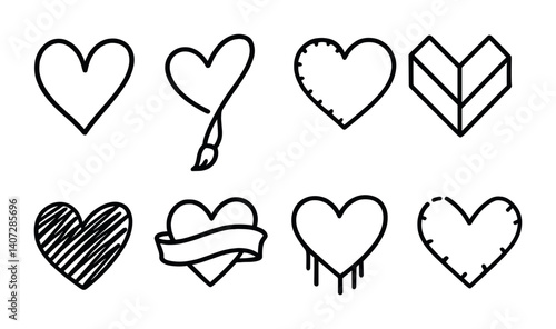 outline vector icons of creative hearts: heart doodle, paintbrush heart, stitched heart, origami heart, heart sketch, heart tattoo, heart graffiti, handmade heart. No text. The icons should be clean.