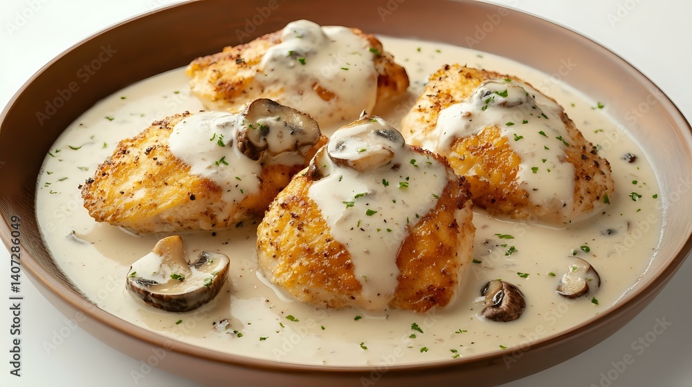 Chicken fricas in white wine cream sauce with mushrooms, served in a rustic deep plate, well-lit and clean background Chicken fricas in white wine cream sauce with mushrooms, served in a rustic deep plate, well-lit and clean background