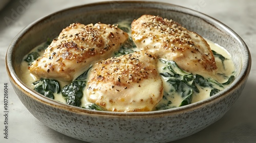 Chicken Florentine with spinach and creamy cheese sauce, served hot in a ceramic bowl, clear lighting and neat styling
