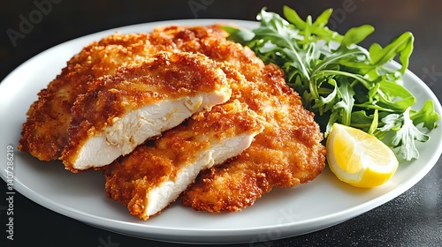 Chicken Milanese with arugula salad and lemon wedge on side, crispy and golden, served on a round white plate