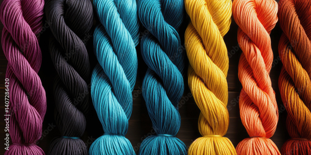 Multicolored twisted yarn skeins for knitting or crochet, close-up top view