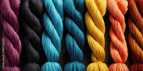 Obraz na płótnie Multicolored twisted yarn skeins for knitting or crochet, close-up top view w salonie