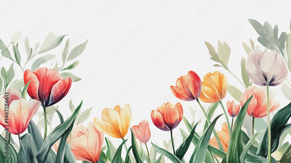 Obraz premium tulip, graphic design, rose, holiday, postcard, valentine's day, paint, pastel colored, rsvp card, cosmos, wedding background, pattern, celebration, blossom, hand-painted, foliage, pastel, painting,