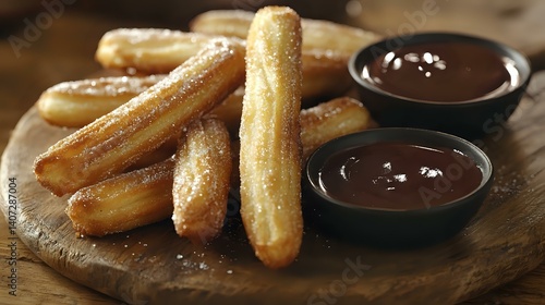 Churros with chocolate dipping sauce, arranged on a rustic board with sugar dusting and soft lighting