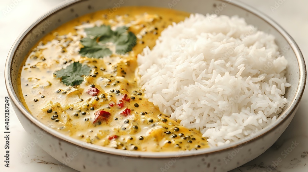 Coconut fish curry with mustard seeds and red chilies, served in a minimalist bowl with white rice Coconut fish curry with mustard seeds and red chilies, served in a minimalist bowl with white rice