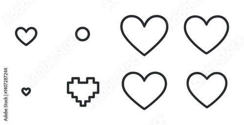outline vector icons of minimal hearts: small heart, heart dot, thin outline heart, hollow heart, micro heart, pixel heart, heart shape, soft corner heart. No text. The icons should be clean.