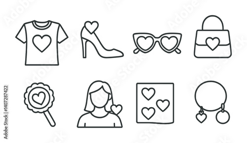 outline vector icons of fashion and hearts: heart print shirt, heart heels, sunglasses with heart, purse with heart, heart brooch, fashion icon with heart, heart pattern fabric, accessories with