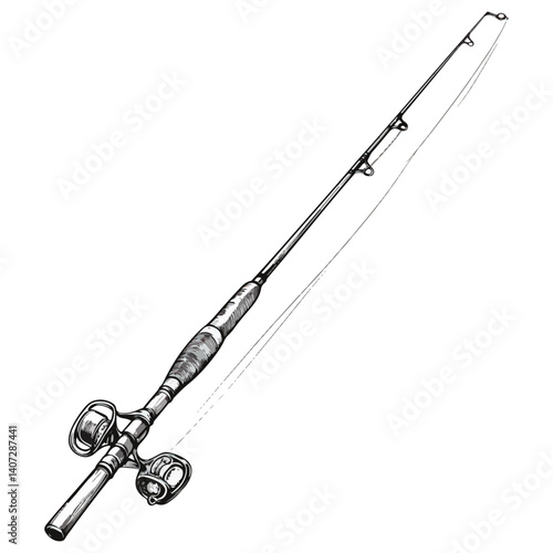 Fishing rod, tool, vector, transparent background, black and white style