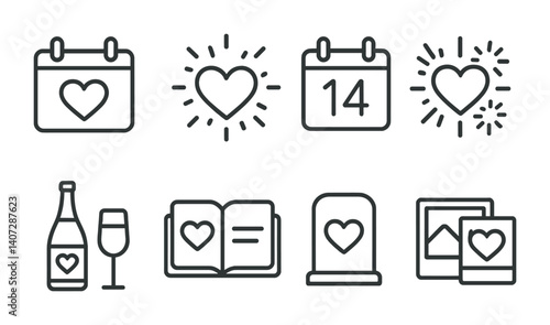 outline vector icons of anniversary and celebration: calendar heart, celebration heart, anniversary date, heart fireworks, champagne with heart, memory book, milestone heart, shared photo heart. No