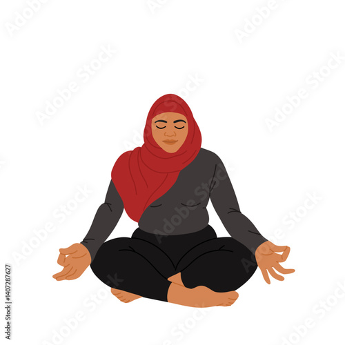 Muslim woman doing yoga exercise. Sport fitness for women in hijab. Body positive concept vector illustration.