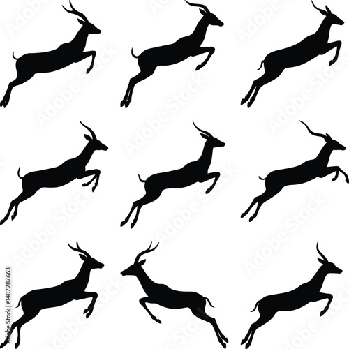 Nine leaping antelope silhouettes, jumping graceful, wild animal, on transparent
