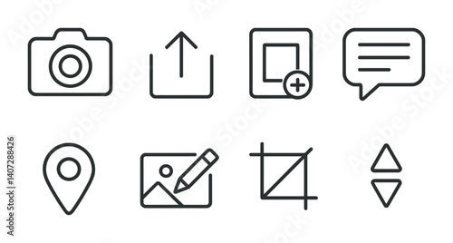 outline vector icons of content creation: camera, upload, add post, write caption, location tag, edit image, crop, filters. No text. The icons should be clean. isolated transparent background. Line
