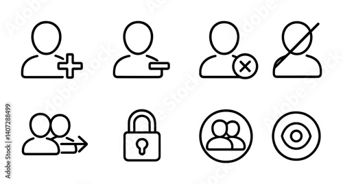 outline vector icons of follower management: new follower, remove follower, block user, mute user, follow back, private account, public account, profile view. No text. The icons should be clean.