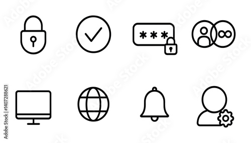 outline vector icons of system preferences: toggle, options, default settings, user accounts, permissions, layout, theme, shortcuts. No text. The icons should be clean. isolated transparent