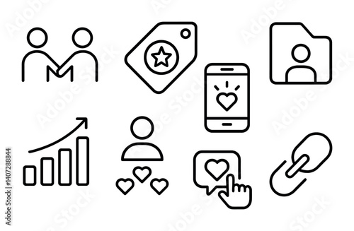outline vector icons of influencer tools: collaborations, brand tag, sponsored post, media kit, insights, follower stats, engagement tools, affiliate link. No text. The icons should be clean.