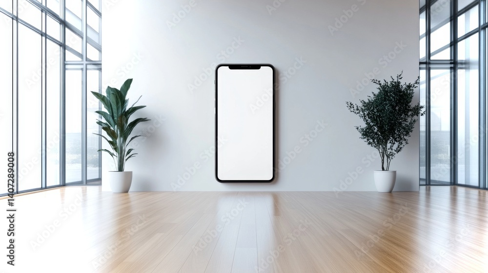 Minimalist modern interior with a smartphone display in a bright, spacious environment