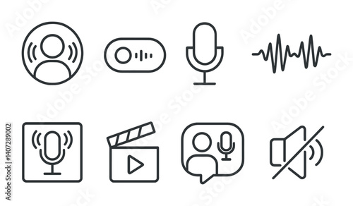 outline vector icons of phone recording features: voice recorder, screen record, record button, recording time, audio file, mic icon, playback, pause recording. No text. The icons should be clean.