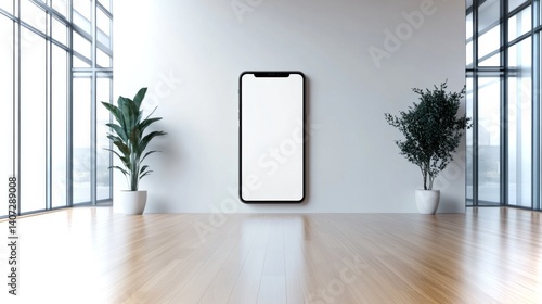 Obraz na płótnie Minimalist modern interior with a smartphone display in a bright, spacious environment w salonie