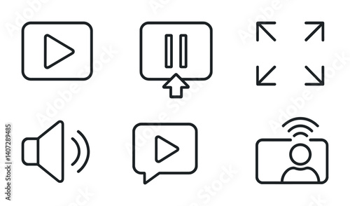 outline vector icons of video platform UI: home feed, video card, channel icon, subscribe button, notification bell, settings gear, playback queue, video grid. No text. The icons should be clean.