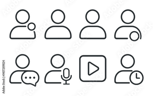 outline vector icons of user status: online dot, away, busy, invisible, typing, recording, live, recently active. No text. The icons should be clean. isolated transparent background. Line icons in