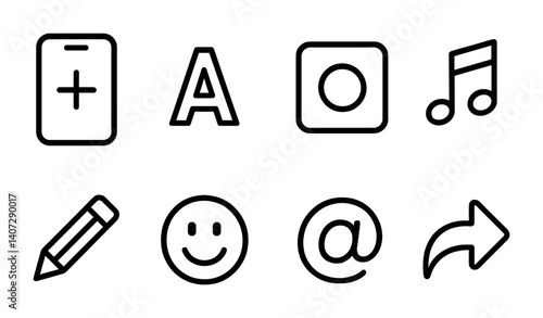 outline vector icons of story tools: create story, story font, background color, add music, draw tool, stickers, mention in story, swipe link. No text. The icons should be clean. isolated transparent