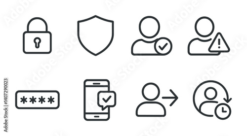 outline vector icons of account protection: lock, shield, verified access, suspicious login alert, password icon, 2FA, logout all, session history. No text. The icons should be clean. isolated