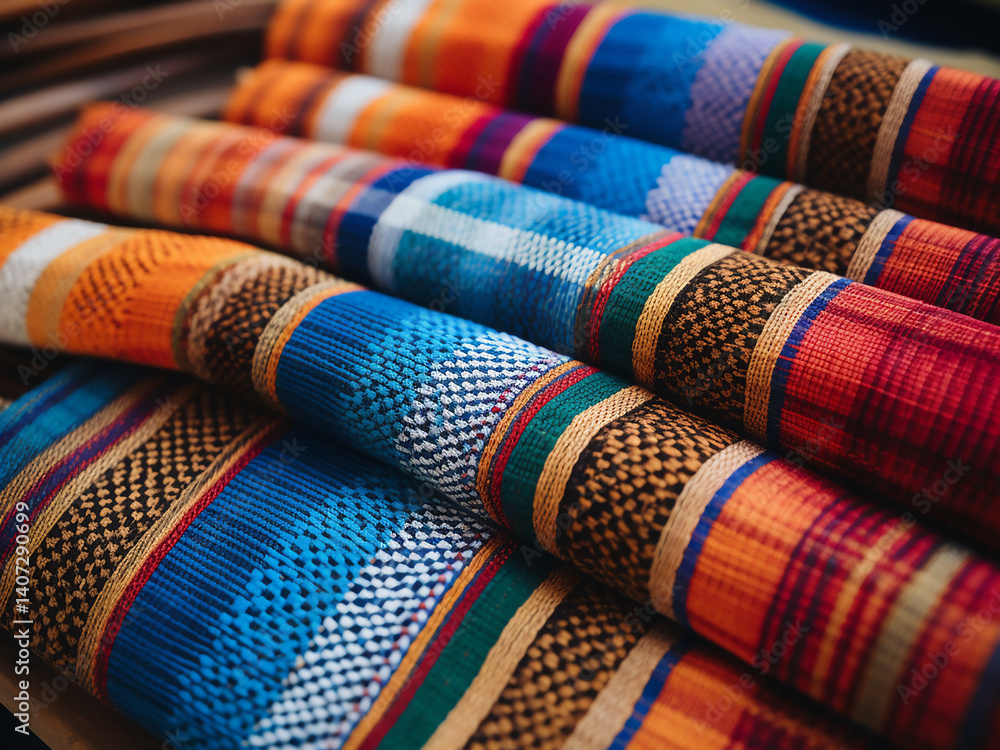 Laotian textile weaves display geometric patterns and vibrant colors preserving rich heritage