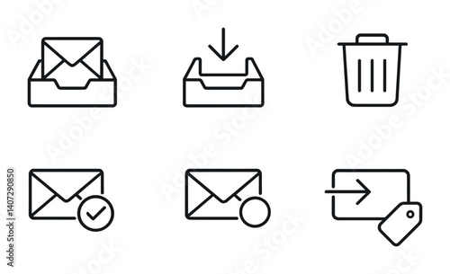 outline vector icons of email management: inbox, archive, delete, spam, mark as read, mark as unread, move to folder, label. No text. The icons should be clean. isolated transparent background. Line