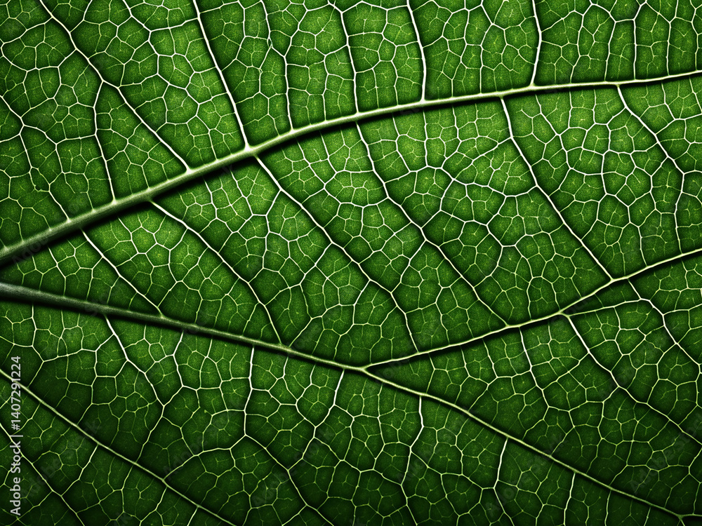 Detailed leaf veins form intricate channels, with visible chlorophyll showcasing green life Detailed leaf veins form intricate channels, with visible chlorophyll showcasing green life