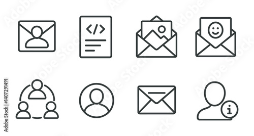 outline vector icons of phone communication: phone call, missed call, voicemail, message, contact book, video call, call log, SMS. No text. The icons should be clean. isolated transparent background.