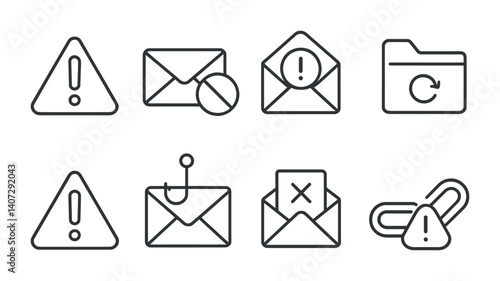 outline vector icons of email management: inbox, archive, delete, spam, mark as read, mark as unread, move to folder, label. No text. The icons should be clean. isolated transparent background. Line