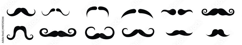 Set of vector illustrations of various mustache styles in black silhouettes. Includes a variety of shapes from classic curled mustaches to thick and wide types, ideal for design, icons, or templates
