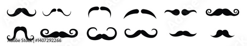 Set of vector illustrations of various mustache styles in black silhouettes. Includes a variety of shapes from classic curled mustaches to thick and wide types, ideal for design, icons, or templates
