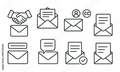 outline vector icons of professional email etiquette: formal greeting, signature, CC etiquette, brief message, subject clarity, reply tone, respectful closing, clear formatting. No text. The icons
