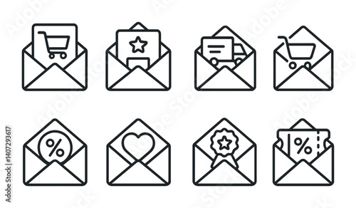 outline vector icons of e-commerce emails: order email, product recommendation, shipping info, abandoned cart, sale alert, wishlist reminder, loyalty email, coupon email. No text. The icons should be