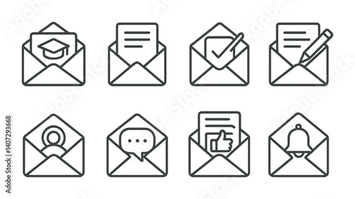 outline vector icons of educational emails: course email, lesson update, enrollment confirmation, assignment notice, student message, feedback email, online class invite, study reminder. No text. The