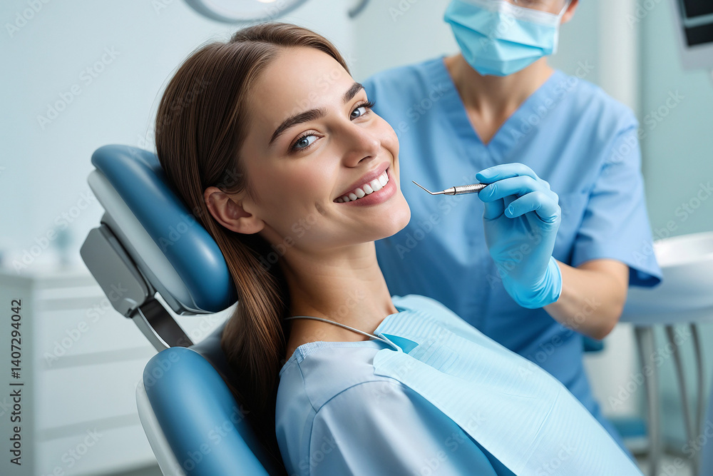 Fototapeta premium Dentistry, dentist clinic appointment for happy smiling woman, healthy smile, teeth regular checkup. Working with female patient in dentist office using professional tools