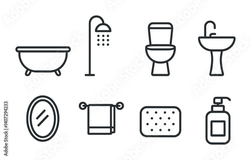 outline vector icons of bathroom elements: bathtub, shower, toilet, sink, mirror, towel rack, bathroom mat, soap dispenser. No text. The icons should be clean. isolated transparent background. Line