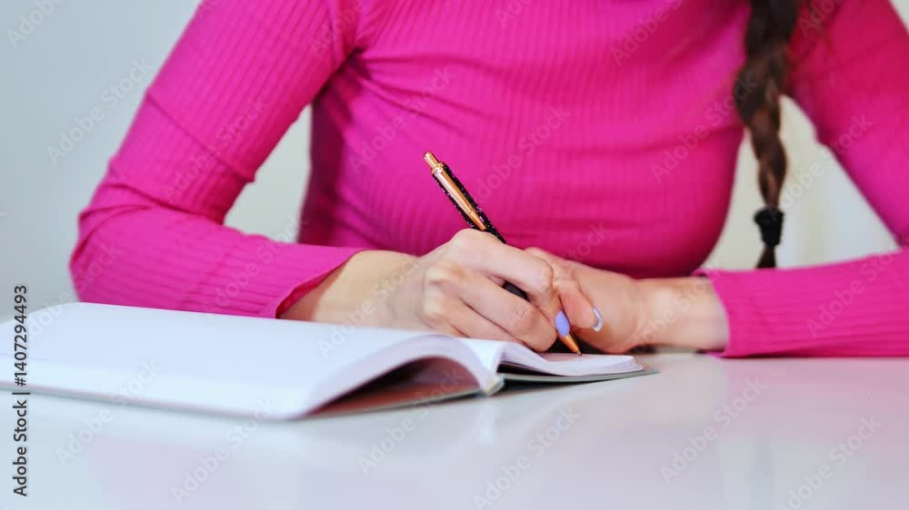 Young woman writes notes in open notebook with blue nails and casual posture Young woman writes notes in open notebook with blue nails and casual posture